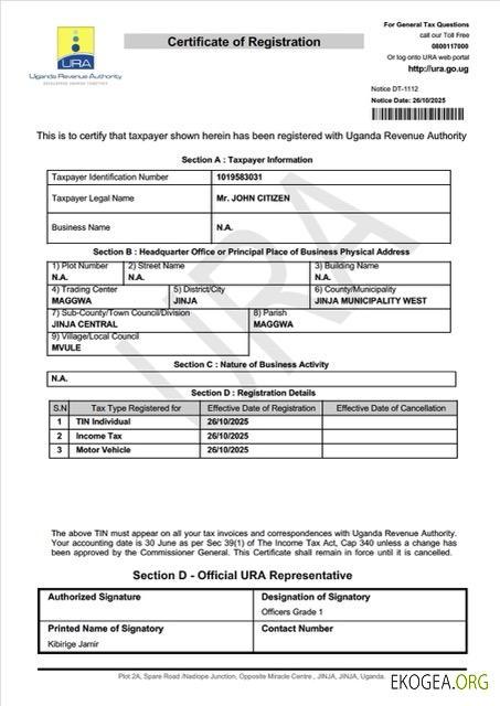 Certificat ougandais d'enregistrement des contribuables Modèle Word et PDF